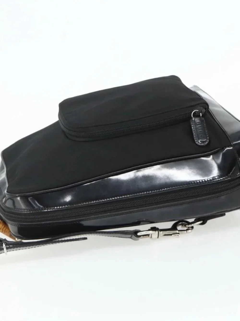 GUCCI Bamboo Bag Patent leather Black Silver 003 2058 0059 5 Auth ka4208